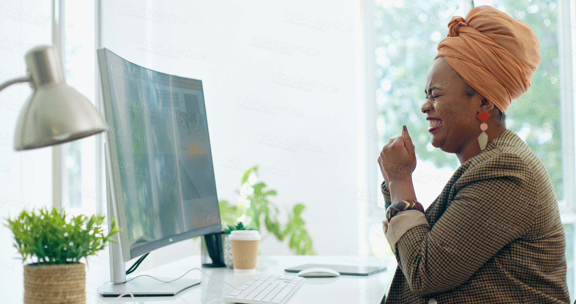 Buy stock photo Black woman, computer and fist celebration in office for success, promotion or winning at desk. Creative and African employee smile, winner celebrate and pc for email, news or performance bonus