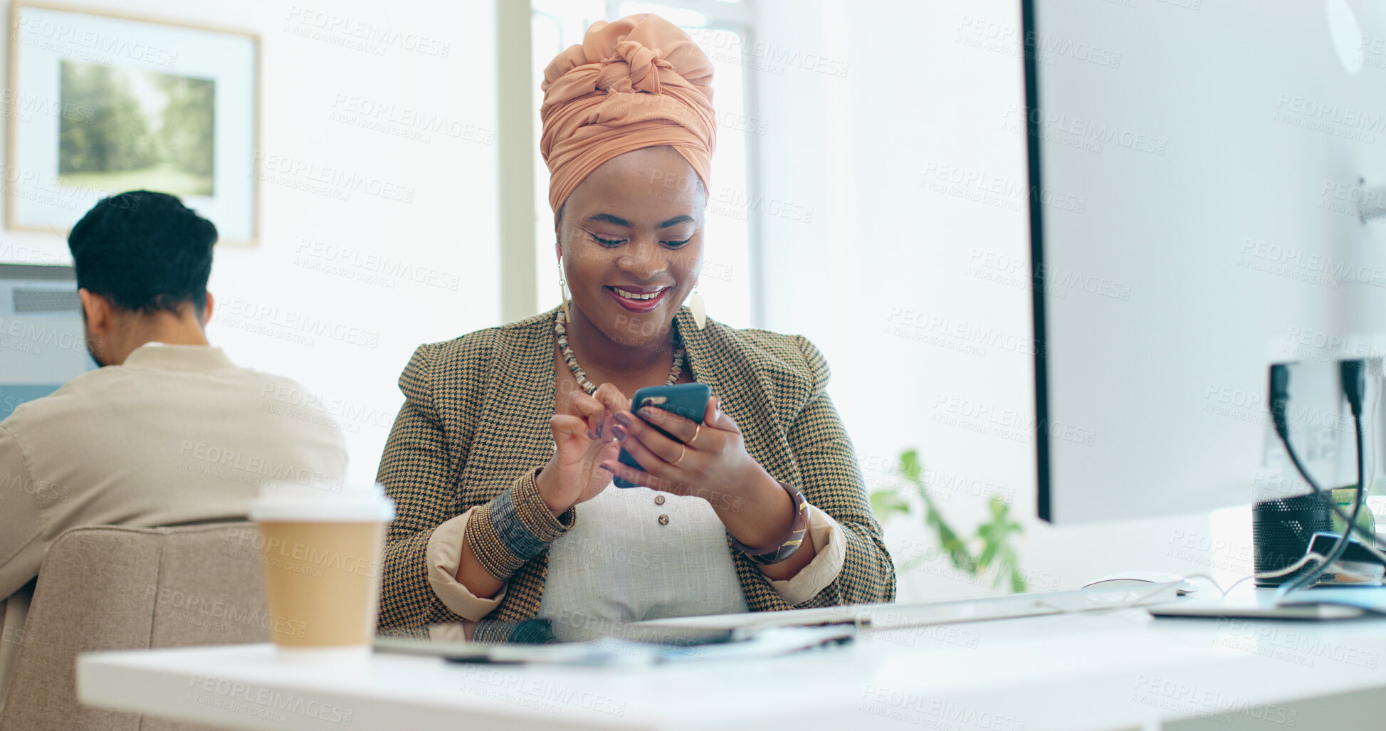 Buy stock photo Happy black woman, phone in office and scroll on email, social media or business networking. Reading good news, smile and businesswoman with mobile app on smartphone, chat online and typing at desk.