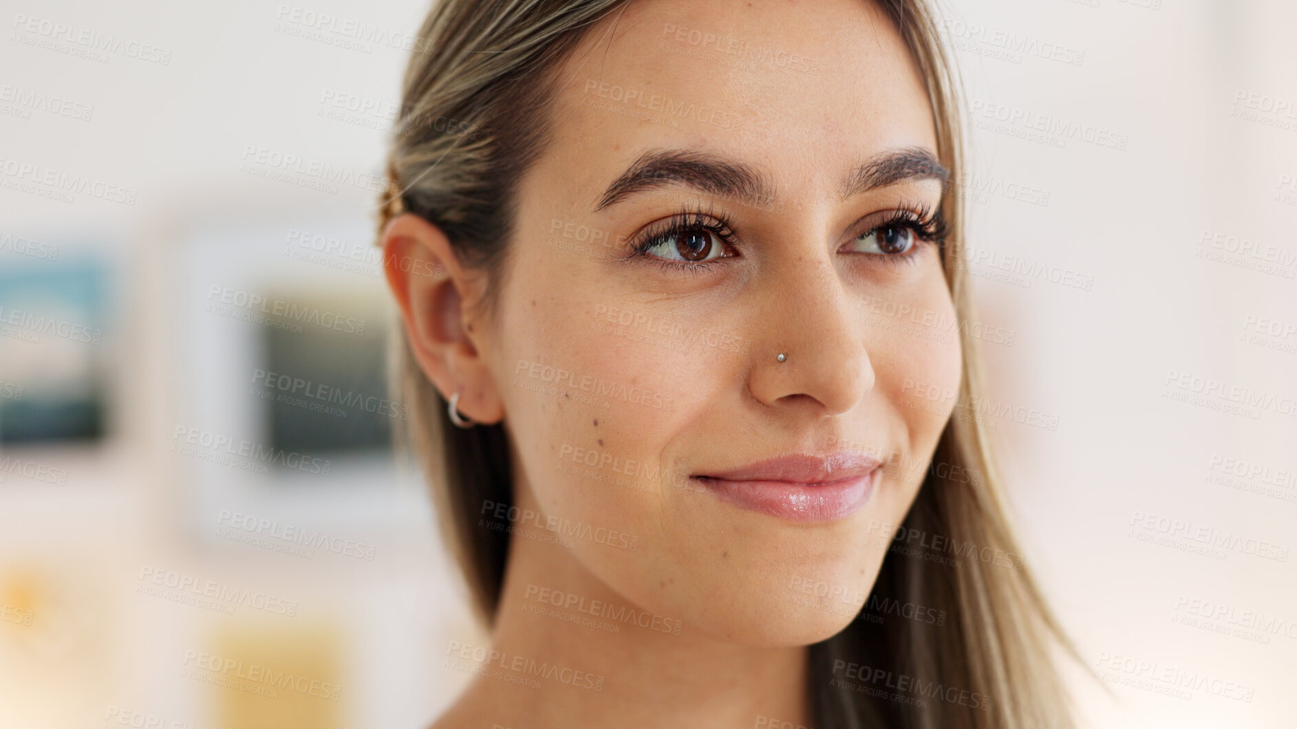 Buy stock photo Face, beauty and vision with a woman closeup in her home for skincare, makeup or cosmetics. Luxury, mascara or eye shadow and a confident young person with jewelry accessories for wealth or fashion