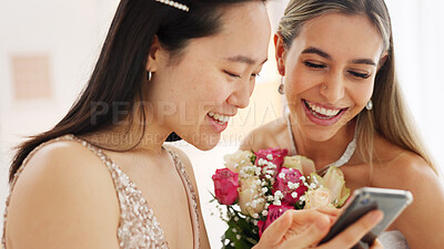 Wedding, phone and women on social media app reading notification, chat app and happy with digital gallery. Asian girl or bride friends on internet with smartphone to scroll and review online post
