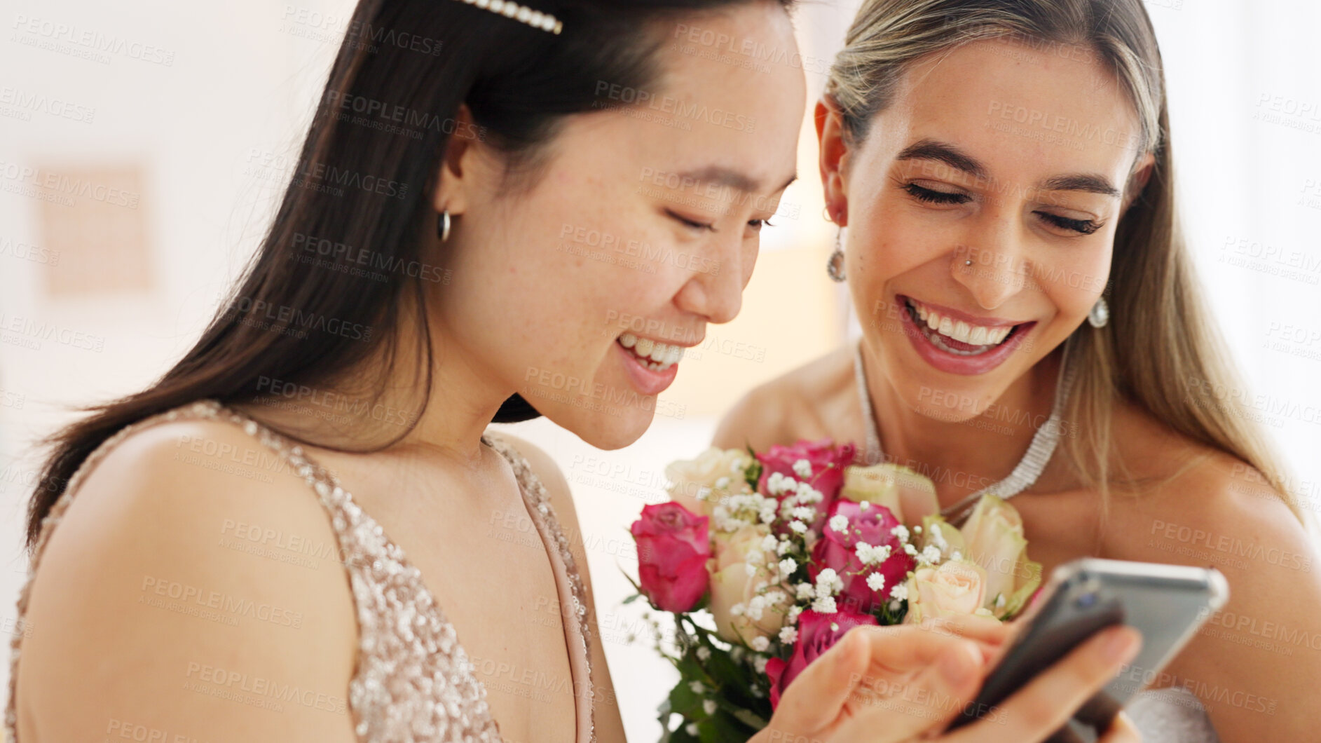 Buy stock photo Friends, women and bride with bridesmaid, mobile phone and social media with bouquet at wedding event. Communication, connection and happiness, using phone and app with marriage and fun together