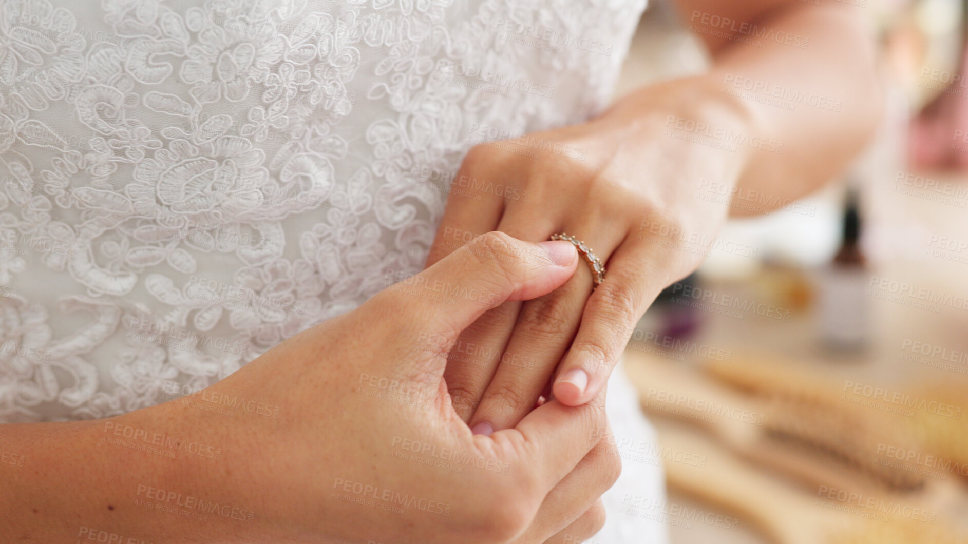 Buy stock photo Hand, wedding and bride with closeup look at her ring in room with anxiety, mistake and worried. Jewellery, woman and thinking about future, life and marriage partner with doubt for commitment