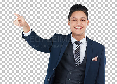A Happy, portrait or pointing businessman on marketing space or advertising mockup. Smile, asian or corporate worker with showing hands gesture for financial investment deal isolated on a png background