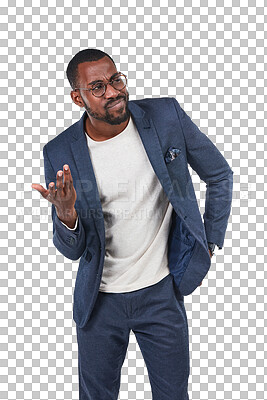 Doubt, confused and mockup with a business black man in studio isolated on a PNG background asking a question. Thinking, idea and mock up with a young male employee standing on blank space