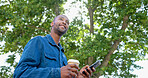 Phone, outdoor and black man with job opportunity, career news and online networking ideas, vision and goals. Happy business person, coffee break and smartphone for news, feedback or mobile chat app