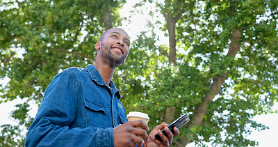 Phone, outdoor and black man with job opportunity, career news and online networking ideas, vision and goals. Happy business person, coffee break and smartphone for news, feedback or mobile chat app
