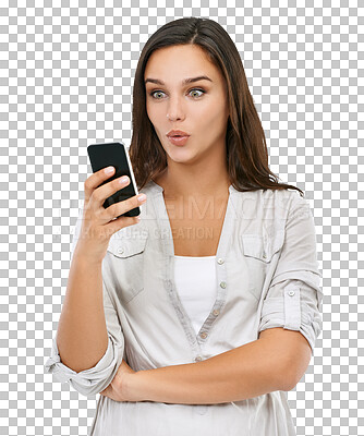 A Woman, surprised and reading phone communication online, talking and conversation on mobile phone. Shocked girl, wow and shocking notification on smartphone or in isolated on a png background