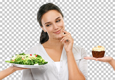 Woman with salad or cake choice isolated on png background and thinking of healthy food, diet or detox. Chocolate cupcake, green vegetable and model with offer, decision or idea in studio mockup