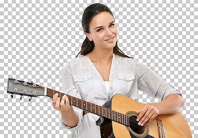 Music, art and portrait of woman with guitar and smile playing song. Talent inspiration and creative concert practice, acoustic guitar playing and happy woman isolated on a png background