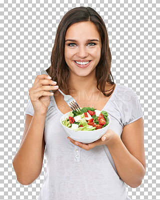 Health, food and portrait of model with salad for wellness nutrition and diet with happy smile. Beautiful and healthy dieting girl excited for lose weight lifestyle on isolated on png background
