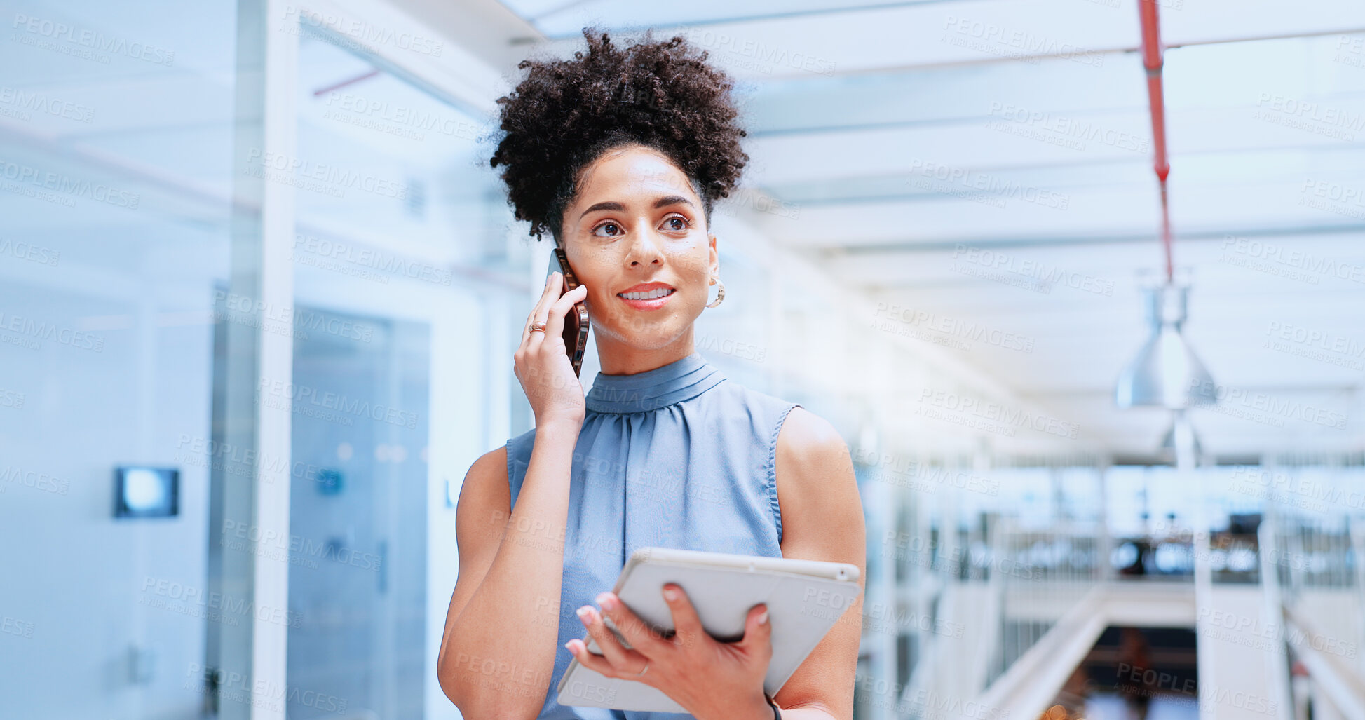 Buy stock photo African, woman and phone call with tablet, communication and secretary in office planning workplace schedule or agenda. Administration, employee and busy with crm, chat and feedback from b2b client