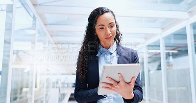 Business, woman and employee with tablet, modern office and typing for online research, data analysis and website launch. Female entrepreneur, lady and ceo with digital marketing and search internet