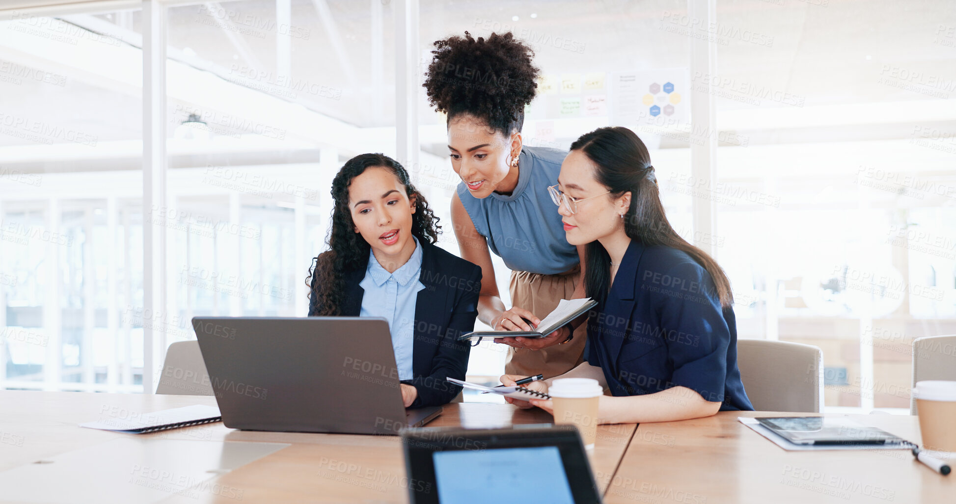 Buy stock photo Training, laptop and teamwork, women at meeting in office with coworking and onboarding at startup. Collaboration, ideas and manager with support for feedback, coaching and brainstorming at computer.