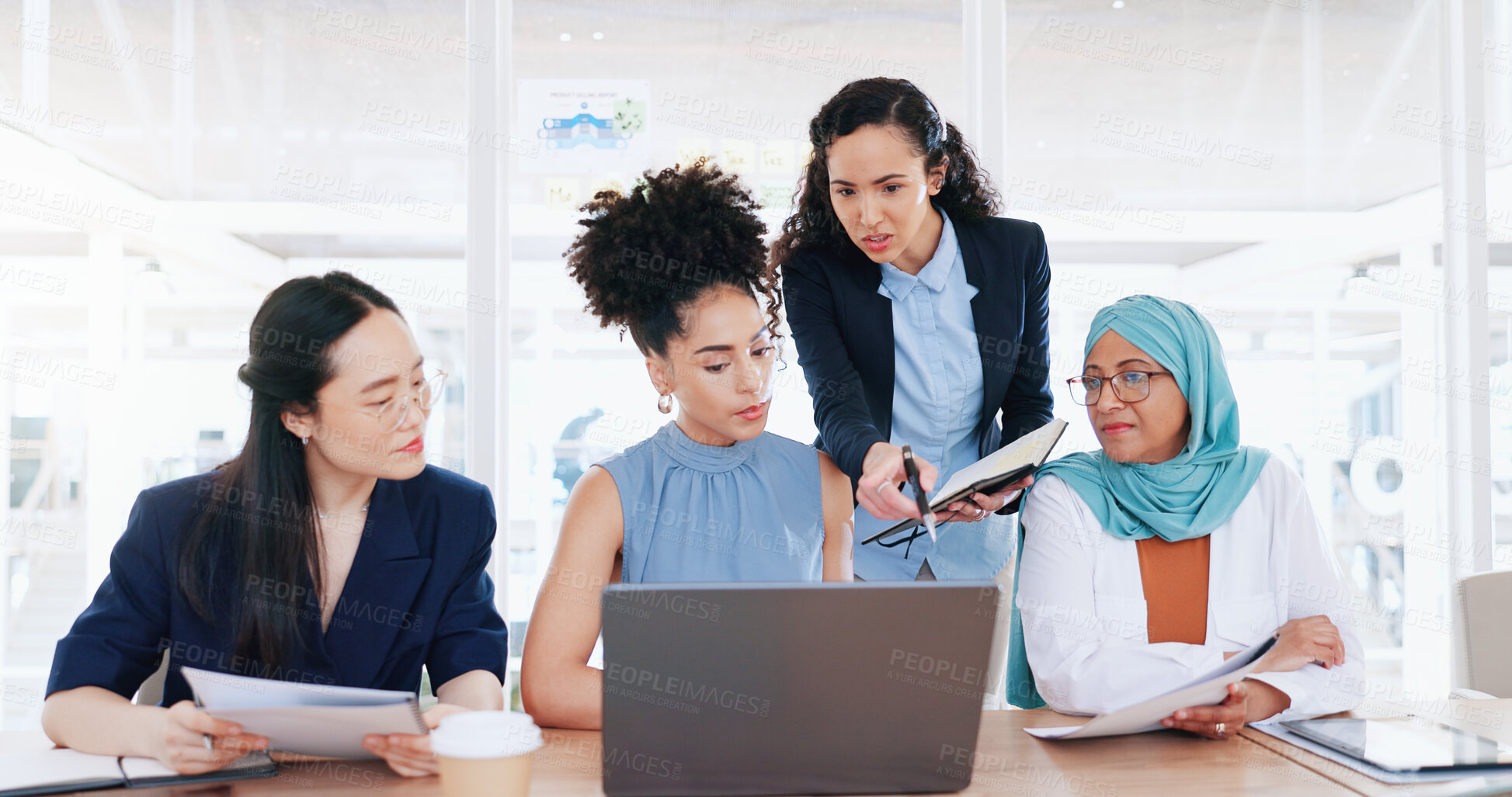 Buy stock photo Brainstorming, laptop and group of women at training meeting in office with information, statistics and coworking at startup. Collaboration, problem solving and manager with team feedback at computer