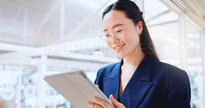 Business woman, tablet and technology, typing email for company communication or digital report. Internet, wifi and ux, networking and Asian employee with smile and inspiration in Japan office