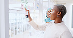 Teamwork, business people and leadership of black woman with sticky note in office workplace. Coaching, collaboration and female employees brainstorming sales or marketing strategy on glass wall.