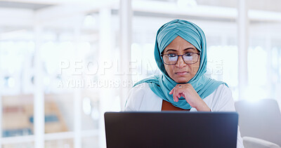 Muslim business woman, focus and working at laptop, email and communication with focus and technology. Worker in hijab, corporate goals with internet, networking and research online for project