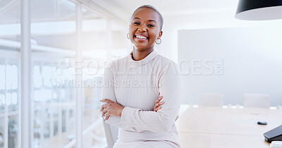 Happy, face and black woman in office building for business management, leadership and vision. Portrait, arms crossed and professional young female in startup agency for success, smile and motivation