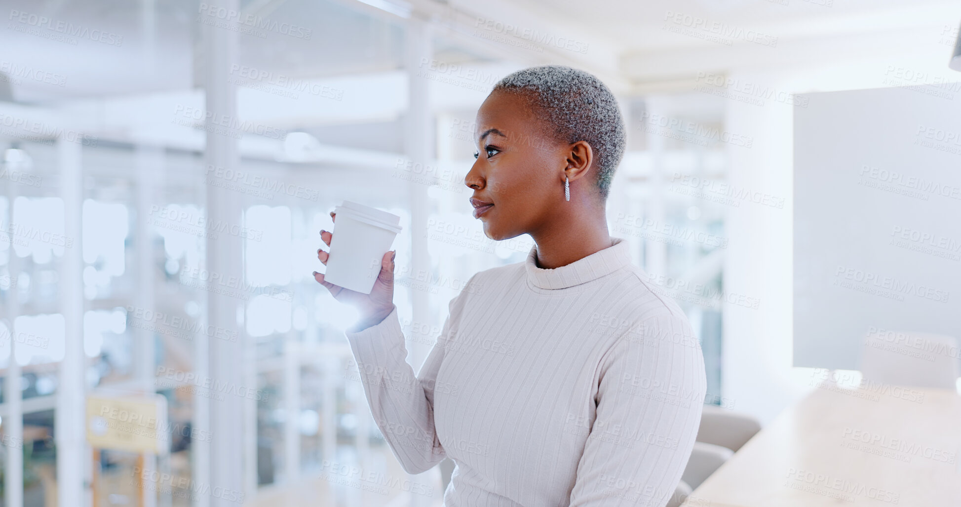 Buy stock photo Thinking, coffee and professional black woman in the office for memory, reflection or dream. Calm, idea and young African female designer drinking a caffeine latte in modern workplace in the morning.