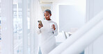 Black woman, phone and laughing for social media, communication or texting at the corporate office. African American female business woman smiling with mobile smartphone and chatting at the workplace