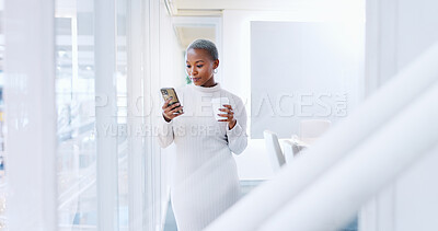 Black woman, phone and laughing for social media, communication or texting at the corporate office. African American female business woman smiling with mobile smartphone and chatting at the workplace