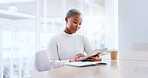 Black woman, business tablet and company employee on office tech typing a work email. Black woman, marketing worker and digital social media scroll of a person working and reading internet data