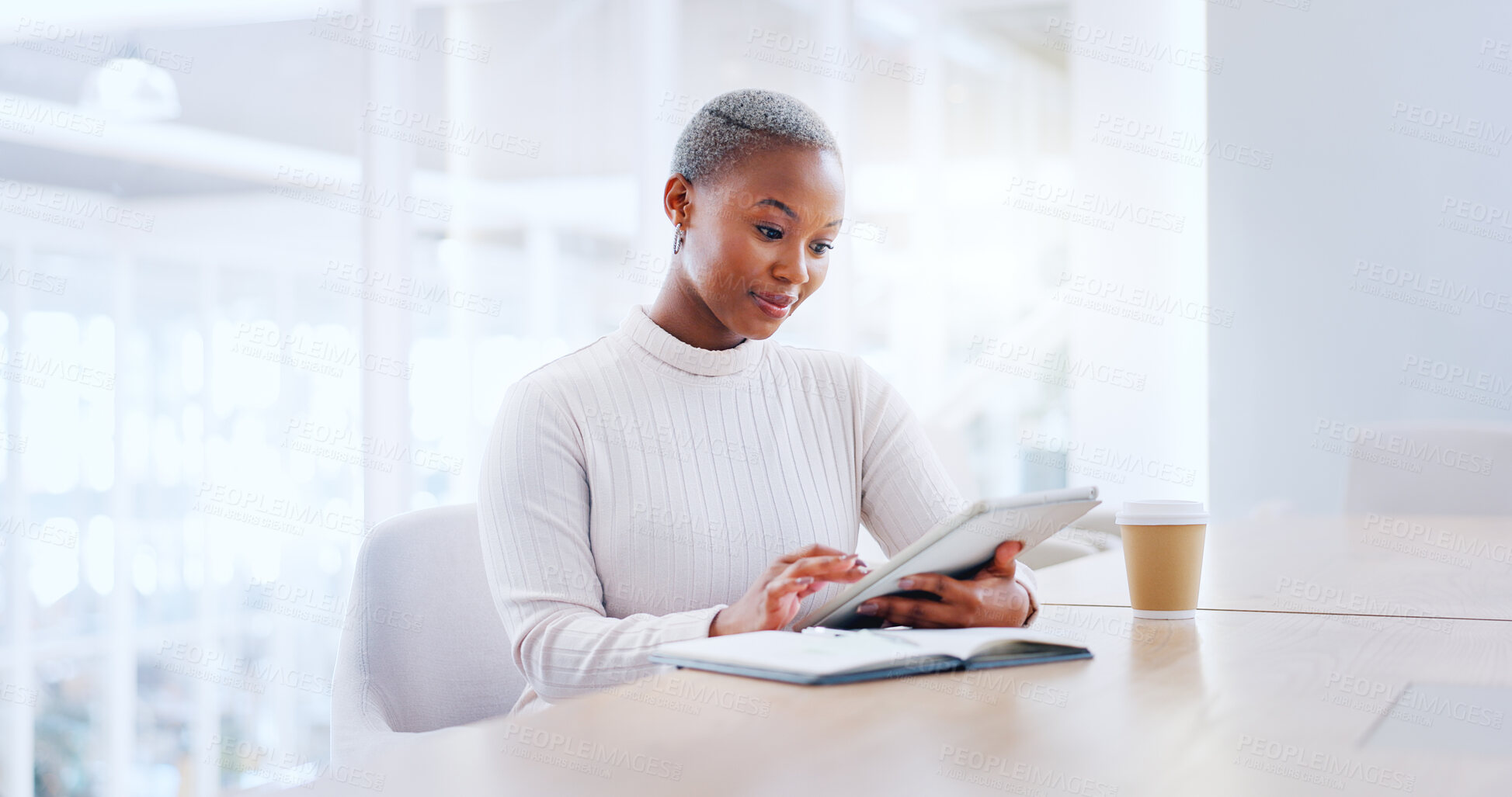 Buy stock photo Black woman, tablet and research in schedule planning, strategy or networking at office desk. Creative African female person on technology for online search, communication or startup at workplace