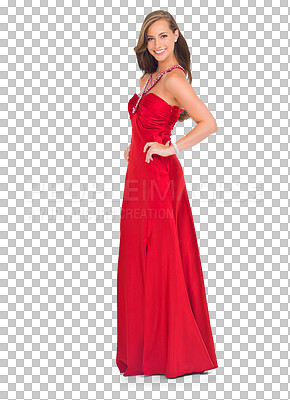 Elegant, prom and portrait of a woman in a red dress for an event isolated on a png background in a studio. Happy, fashion and model in a silk ball gown for a celebration on a studio background