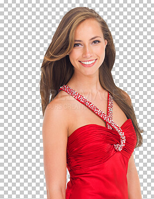 Face portrait, fashion and woman in dress in studio isolated on a png background. Makeup cosmetics, natural beauty and happy female model from Canada in beautiful, trendy and stylish red outfit.