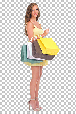 Portrait, shopping sale with a woman customer in studio isolated on a png background for retail. Sales, fashion and shopping bags with a female inside to shop for a bargain, deal or discount