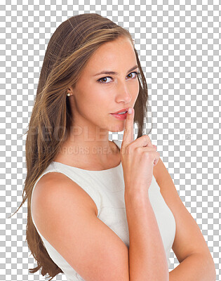 A Woman, secret portrait and finger on lips for whisper, announcement silence or silent hands gesture Model, relax face and hush noise sign or quite headshot isolated on a png background
