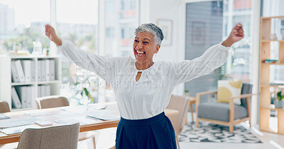 Dance, success and business woman in an office, corporate celebration and happy with work freedom. Smile, winning and elderly employee funny dancing for promotion, bonus and achievement in career