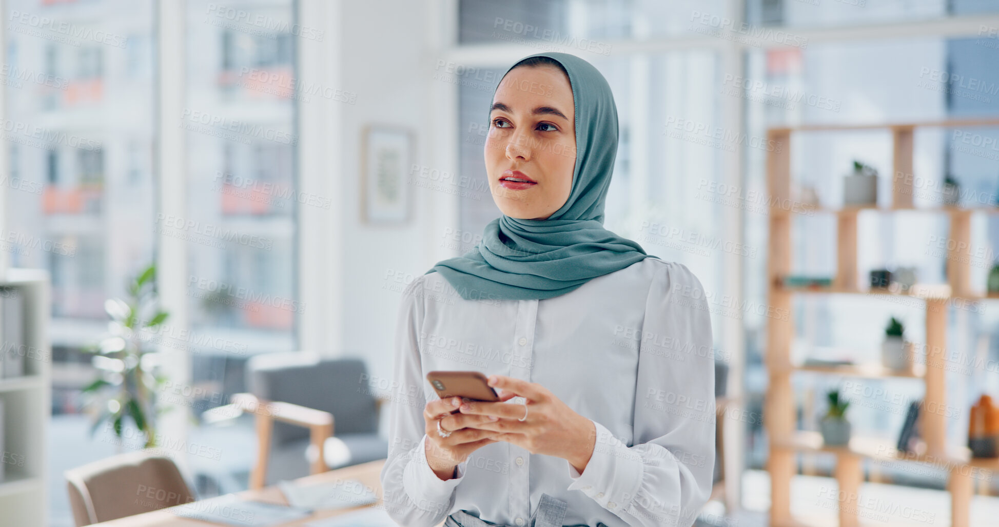 Buy stock photo Thinking, phone or Muslim businesswoman on social media for office communication, typing or texting reply. Search, ideas or Islamic worker in online conversation on mobile app to scroll on internet