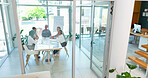 Feedback, kpi or business people in a meeting planning to increase sales or revenue growth in office building. Teamwork, diversity or employees talking or speaking of goals, mission or our vision