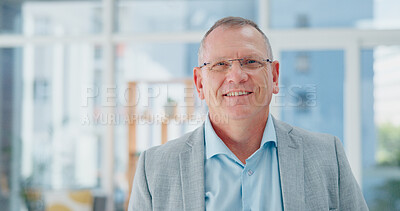 Elderly businessman, face and smile for vision, career ambition or corporate success at the office. Portrait of senior man CEO smiling in confidence with glasses for creative business startup at work