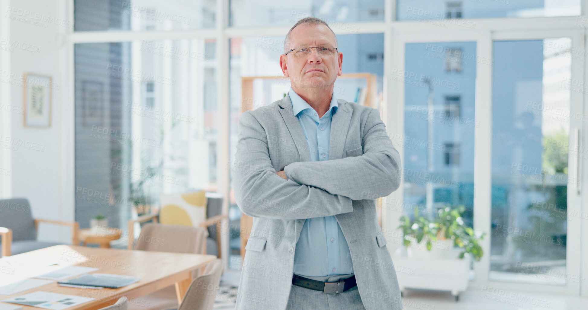 Buy stock photo Portrait, arms crossed and mature man in office with confidence, pride and senior startup business entrepreneur. Ceo, boss or proud businessman in workplace at consulting agency in management career.