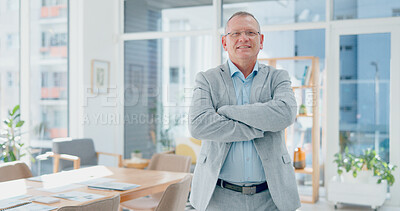 Portrait, ceo and businessman with arms crossed working in company as financial investor, stock market trader or corporate manager. Portrait, smile and executive boss, office leader or success in USA