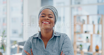 Face, black woman and arms crossed in office, business and leadership. Nigerian female administrator, lady or entrepreneur with smile, startup company or leader for marketing campaign and advertising