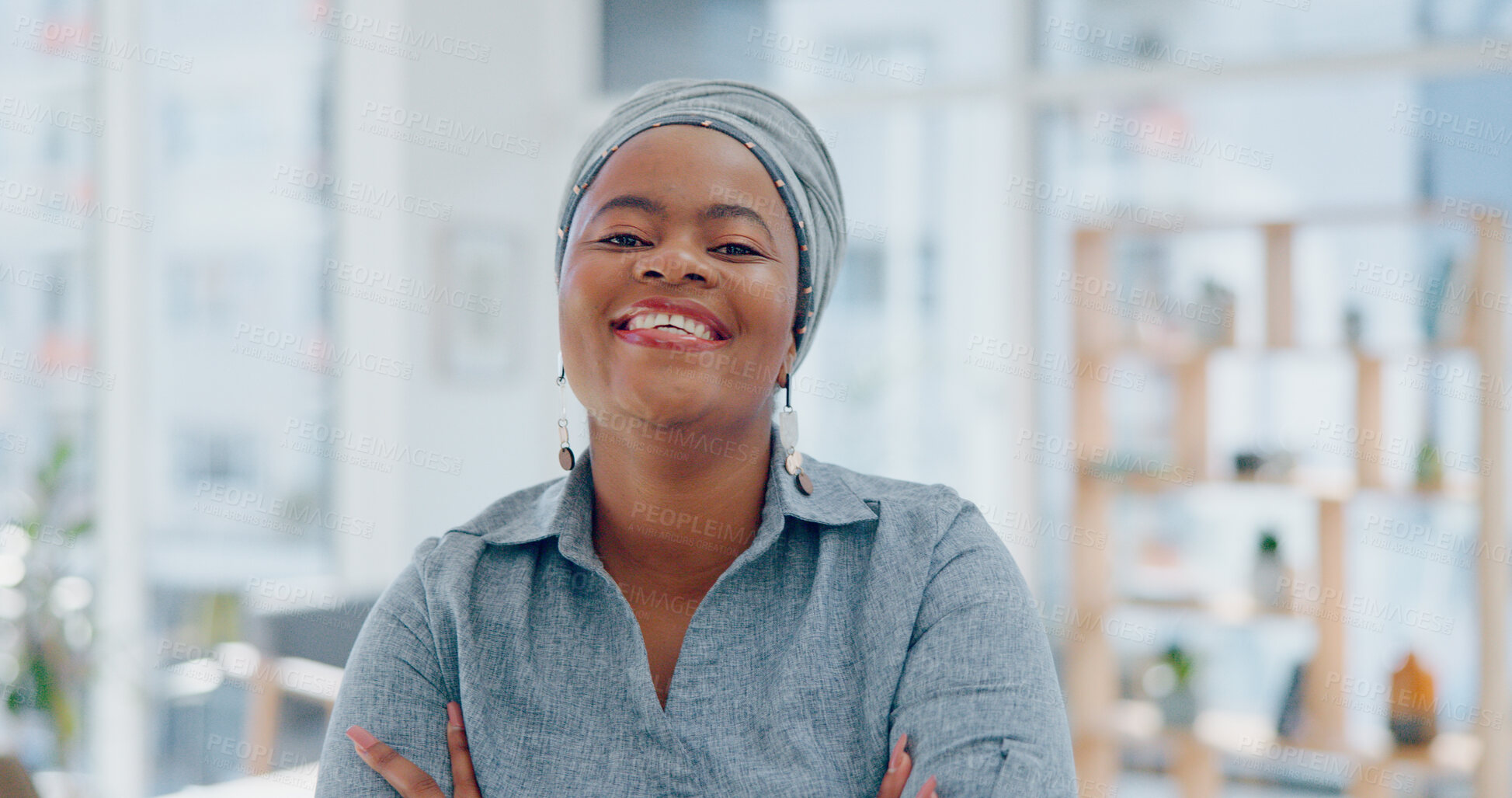 Buy stock photo Portrait, confidence and happy black woman in office with smile, pride and senior startup business entrepreneur. Arms crossed, laughing face and proud businesswoman in workplace at consulting agency.