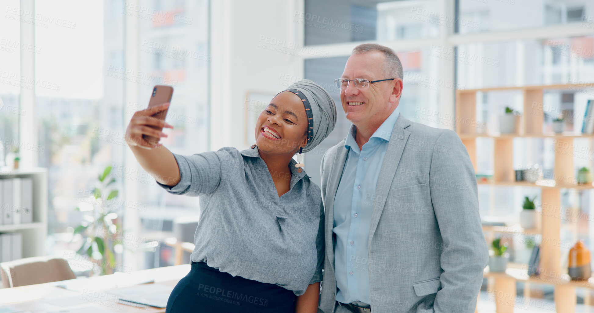 Buy stock photo Corporate, diversity or happy business people in selfie for social media or profile picture in office. Smile, collaboration or senior work friends taking a photograph to post online for a fun memory