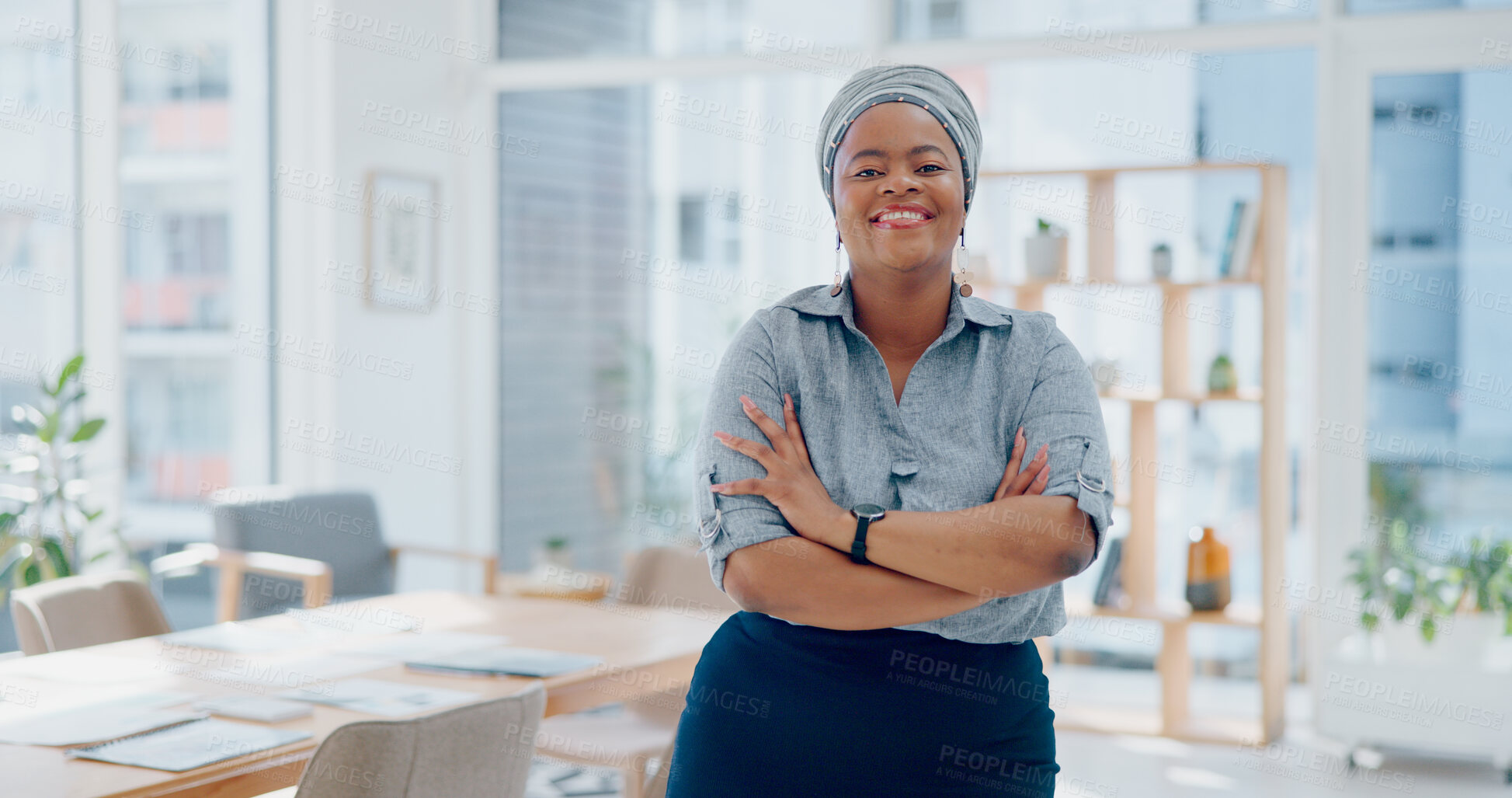 Buy stock photo Portrait, arms crossed and happy black woman in office with smile, pride and senior startup business entrepreneur. Confidence, laughing face and proud businesswoman in workplace at consulting agency.