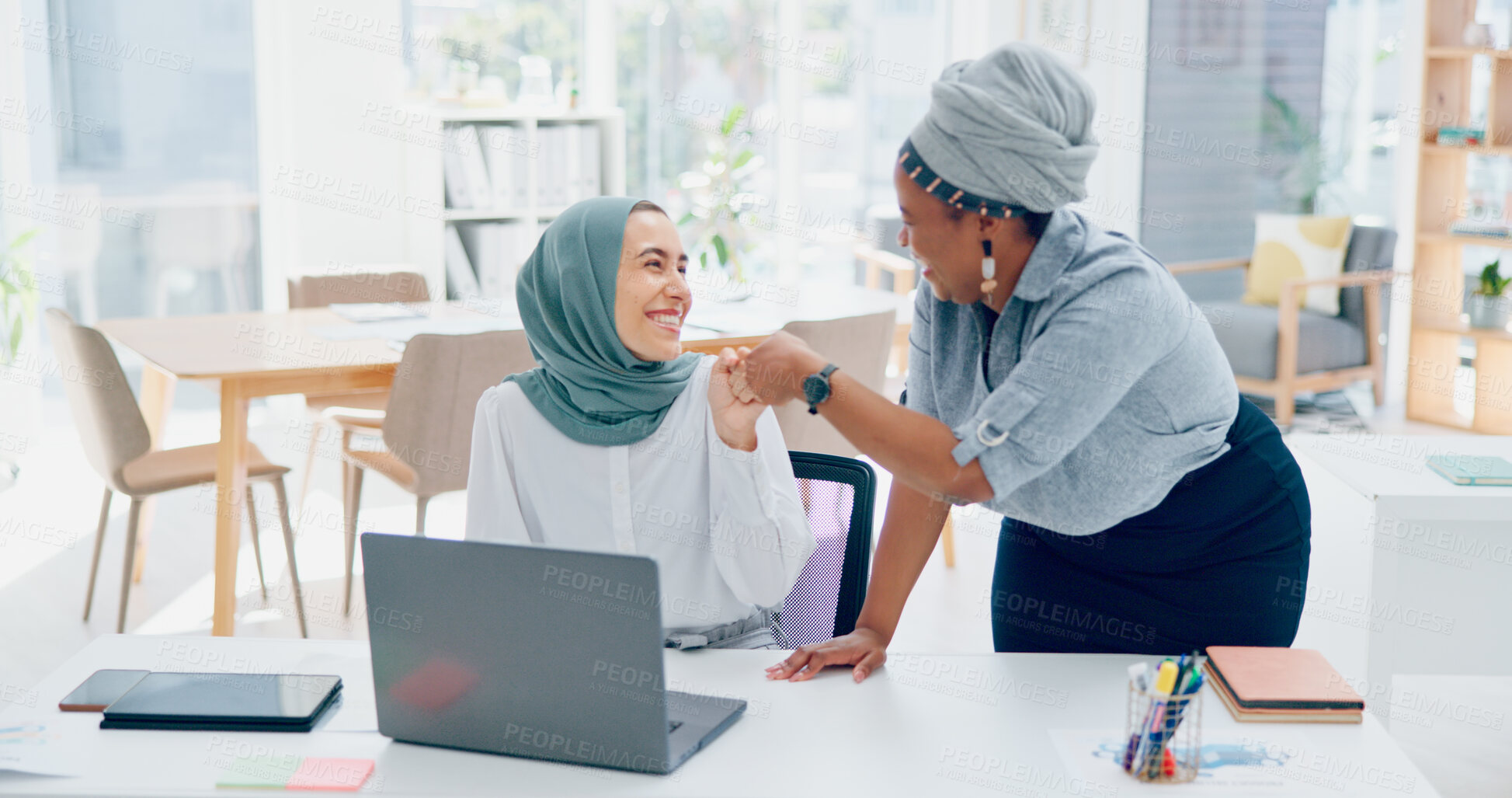 Buy stock photo Laptop, Muslim or manager or happy woman fist bump in celebration of solution for training goal. Computer, coaching or proud African leader talking or teaching worker with online success or target 