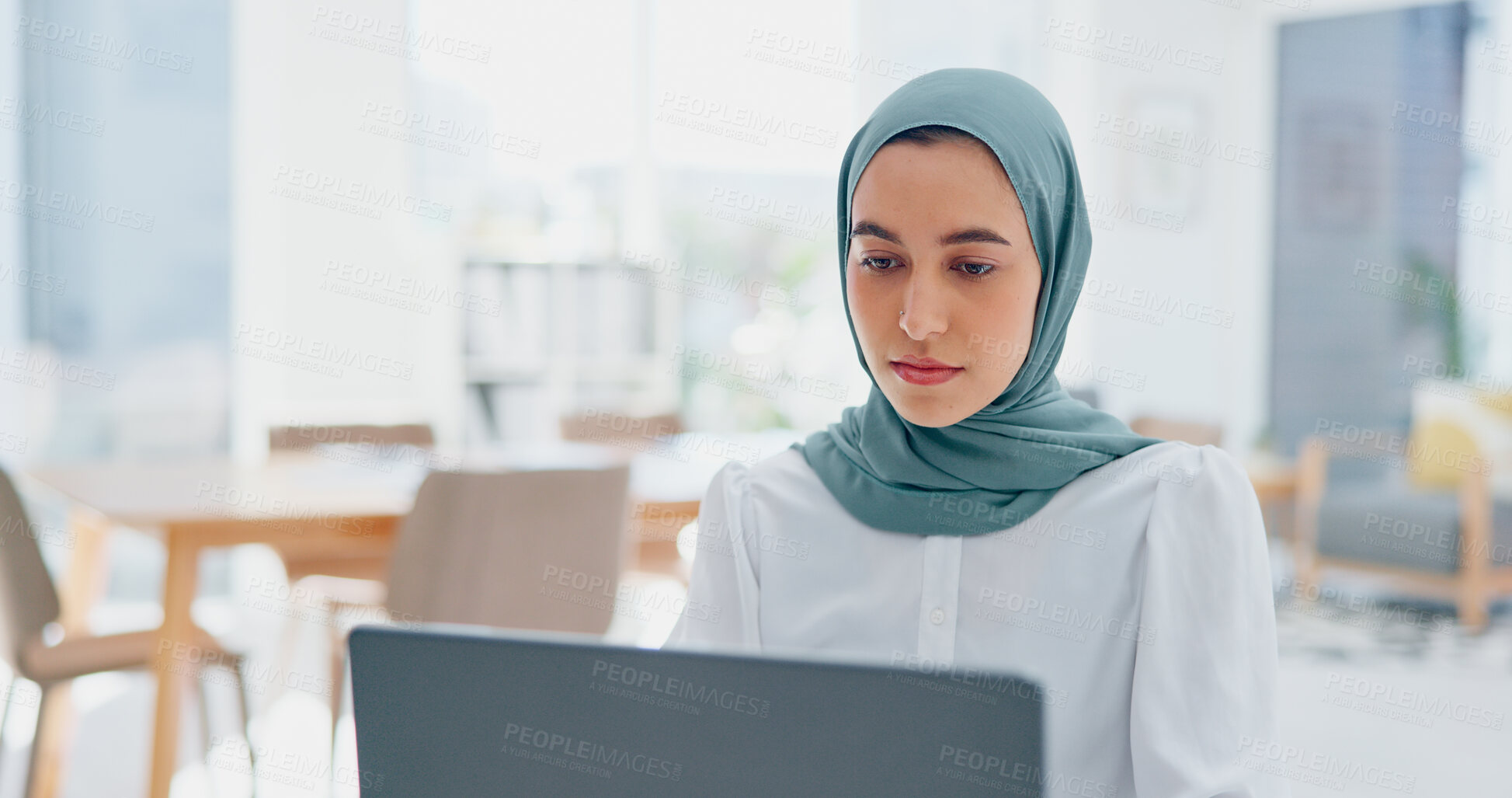 Buy stock photo Business woman, office and laptop for marketing, social media and online research at workplace. Professional muslim person or islamic editor, editing company newsletter or career FAQ on work culture