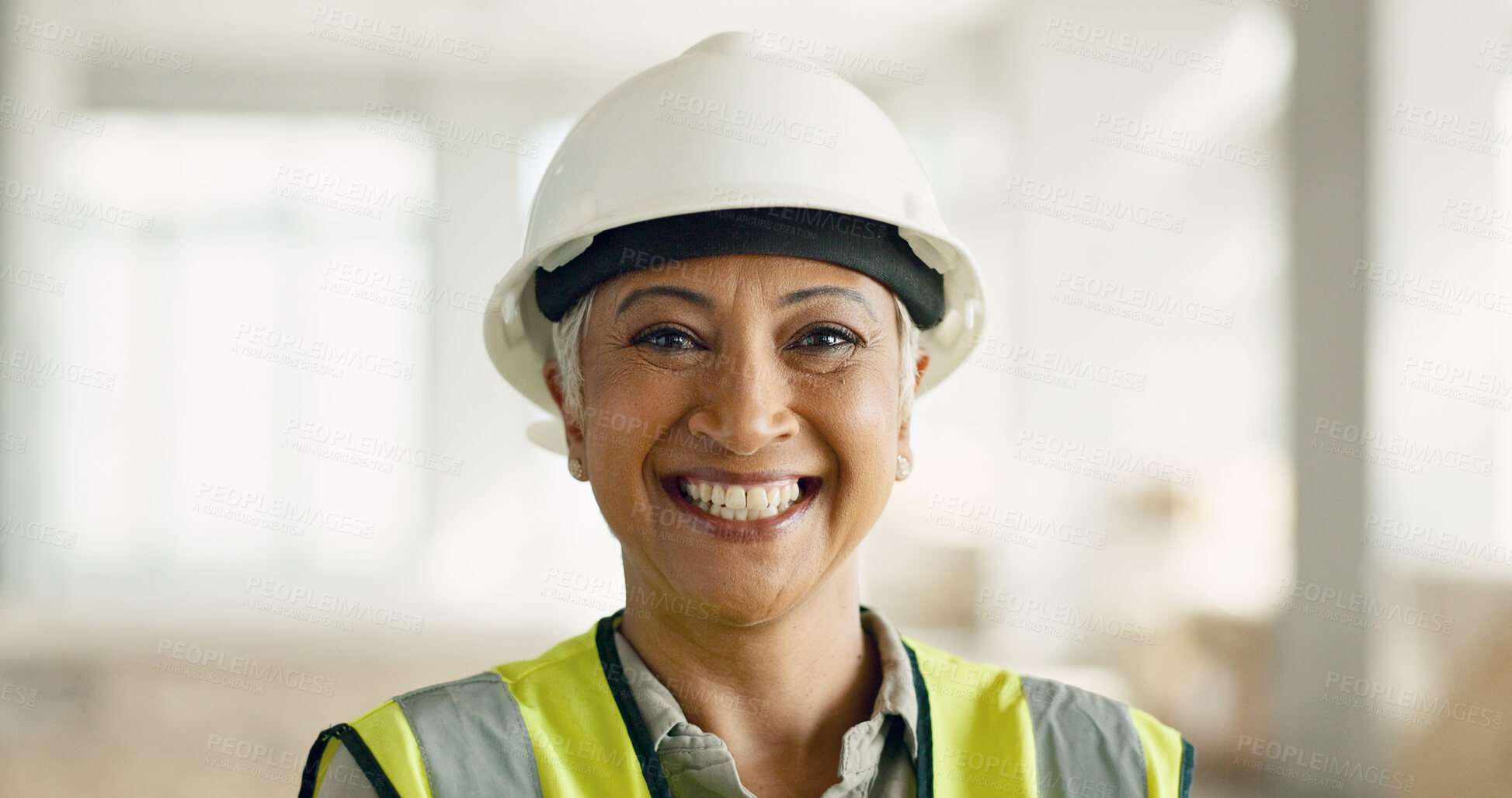 Buy stock photo Happy, industry and portrait of woman engineer with a smile at indoor building maintenance site. Industrial, confidence and senior construction worker or contractor for project management inspection.