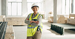 Architect, arms crossed or engineering designer in architecture motivation, real estate vision or office building ideas. Portrait, happy smile or property construction worker woman on site innovation