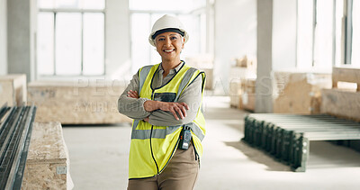 Architect, arms crossed or engineering designer in architecture motivation, real estate vision or office building ideas. Portrait, happy smile or property construction worker woman on site innovation