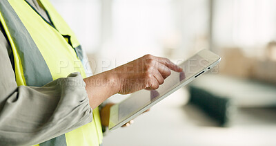 Tablet, construction and safety for work in closeup for architecture, building or property. Woman, technology and architect working on app, web or internet for research, contractor or real estate