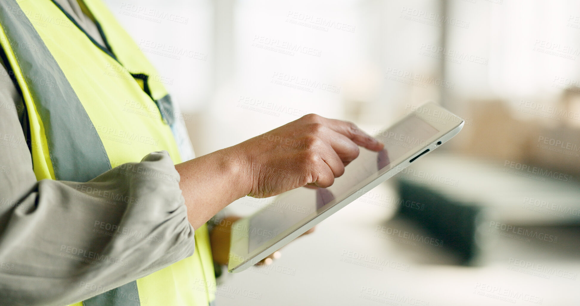 Buy stock photo Construction worker, hands and tablet for planning, logistics and project management on site with online blueprint or plans. Civil engineering, project and woman check industrial design on technology