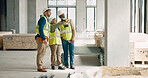 Digital tablet, site and engineering team working on construction, logistic and architecture project, Teamwork, collaboration and industrial contractor in discussion with workers in industry building