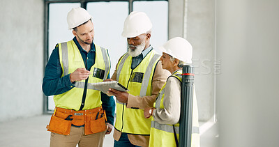 Engineer, contractor and architect with tablet in conversation on project management, strategy and planning. Teamwork, men and woman in construction for safety, building maintenance and architecture.